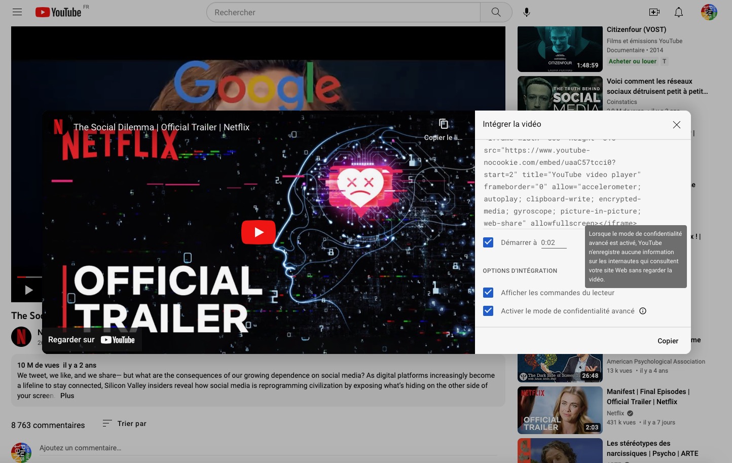  Embed code features of a film trailer hosted at YouTube (screen capture by Daniela BERNDT). 