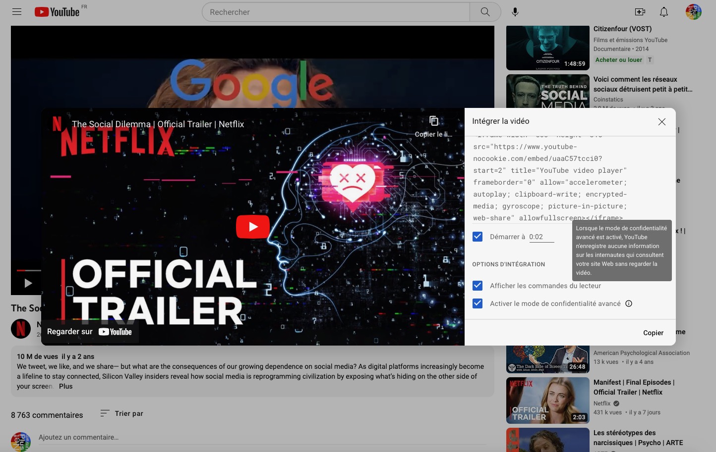Embed code features of a film trailer hosted at YouTube (screen capture by Daniela BERNDT).